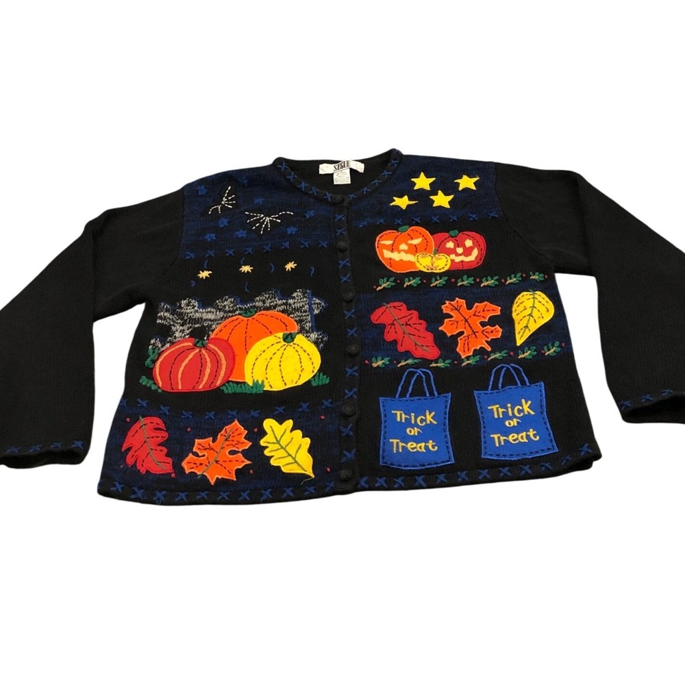 Vintage Cardigan Women L Black Halloween Pumpkin Trick or Treat Embroidered Knit